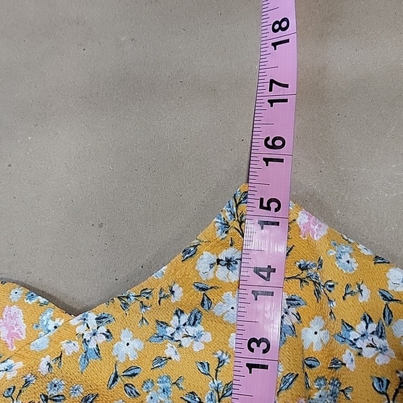 Monteau Size S Yellow Blue and White Floral Faux Wrap Peplum Sleeveless Blouse - Picture 8 of 12